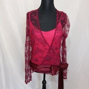 Moda International Y2K Lace Wrap Top Size Large Pink Satin Sash Layered Cami VTG